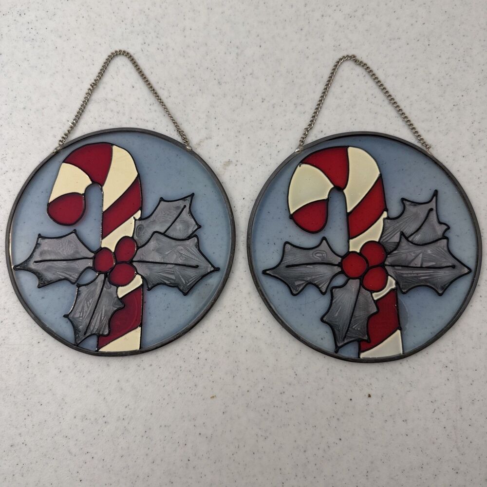 Stained Or Painted Glass Christmas Candy Cane Suncatcher Lot Of 2